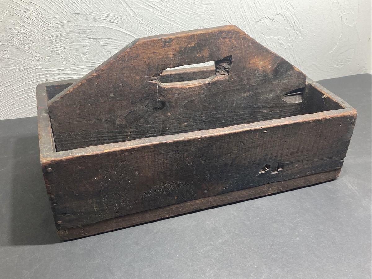 Early Antique Primitive Wooden Tool Box Carrier Tote Tray 1890