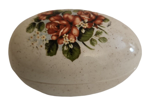 Trinket Box Egg Shape With Rose Design 4 3/4'' long Linda 1983