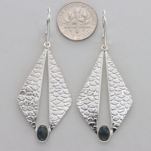 Oval LABRADORITE Triangle Earrings 925 STERLING SILVER Natural Leverback #57e - Picture 2 of 9