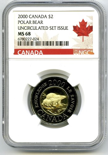 2000 CANADA $2 POLAR BEAR KNOWLEDGE NGC MS68 UNC TOONIE TWO DOLLAR - Picture 1 of 2