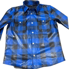 Men's Gay Leather Police Full Sleeves Shirt Real Lambskin Color Blue Black Check