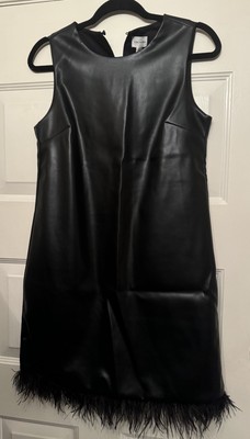 FORCYNTHIA Women's Faux Leather Dress w/ Feather Trim Sleeveless Size S Black