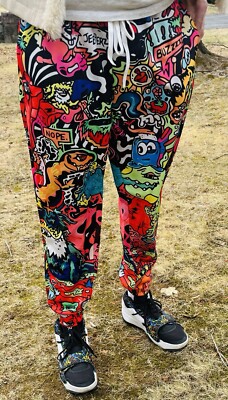 WOW   Modern Urban Decay Graffiti Dinosaur Cartoon Collage Joggers Sweatpants