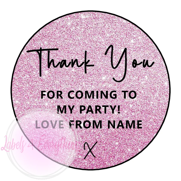 LABELS4EVERYTHING Personalised Thank You For Coming To My Party Stickers Pink Glitter Effect