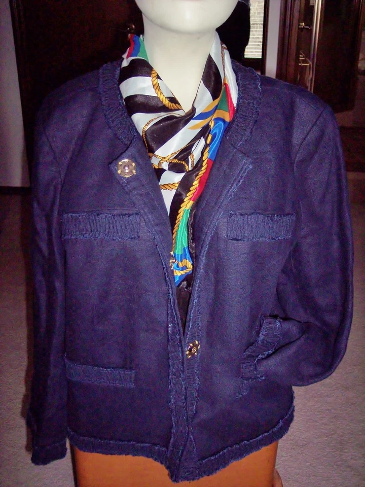 MICHAEL KORS BLUE LINEN 3/4-SLEEVE JACKET W/H GOLD SNUPS SZ 16 - Image 4 of 4