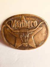 Vtg Phillip Morris MARLBORO Belt Buckle1987 Solid Brass Long Horn Steer Star