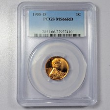 1958 D Small Cents Lincoln Wheat Ears Reverse Pcgs Ms-66 Rd 1958 D Small Cents Lincoln Wheat Ears Reverse Pcgs Ms-66 Rd