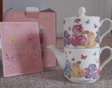 NEW - Ceramic Tea For One Single Serve Tea Set Butterfly Blossom Floral Pink Dec