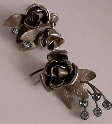 Vintage 3D Rose Brooch/pin W/ Blue Rhinestones & Screwback earrings