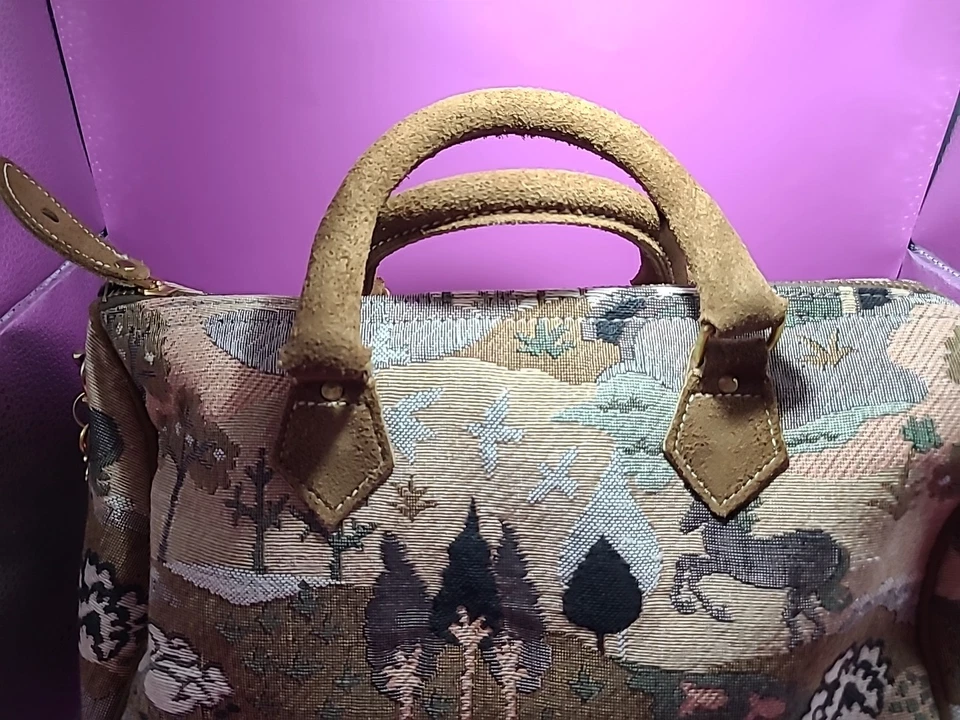 VTG  French Luggage Countryside & Unicorn Suede Tapestry Briefcase Carry On Bag - Image 3 of 4