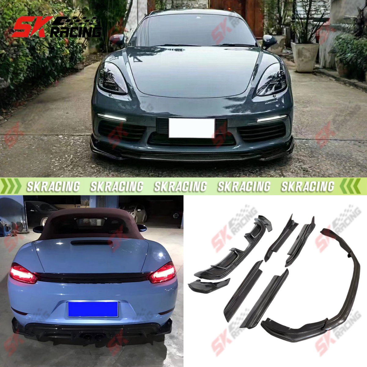 For 17-24 Porsche 718 982 Boxster Cayman Carbon Front Rear Lip Side Skirts Kits
