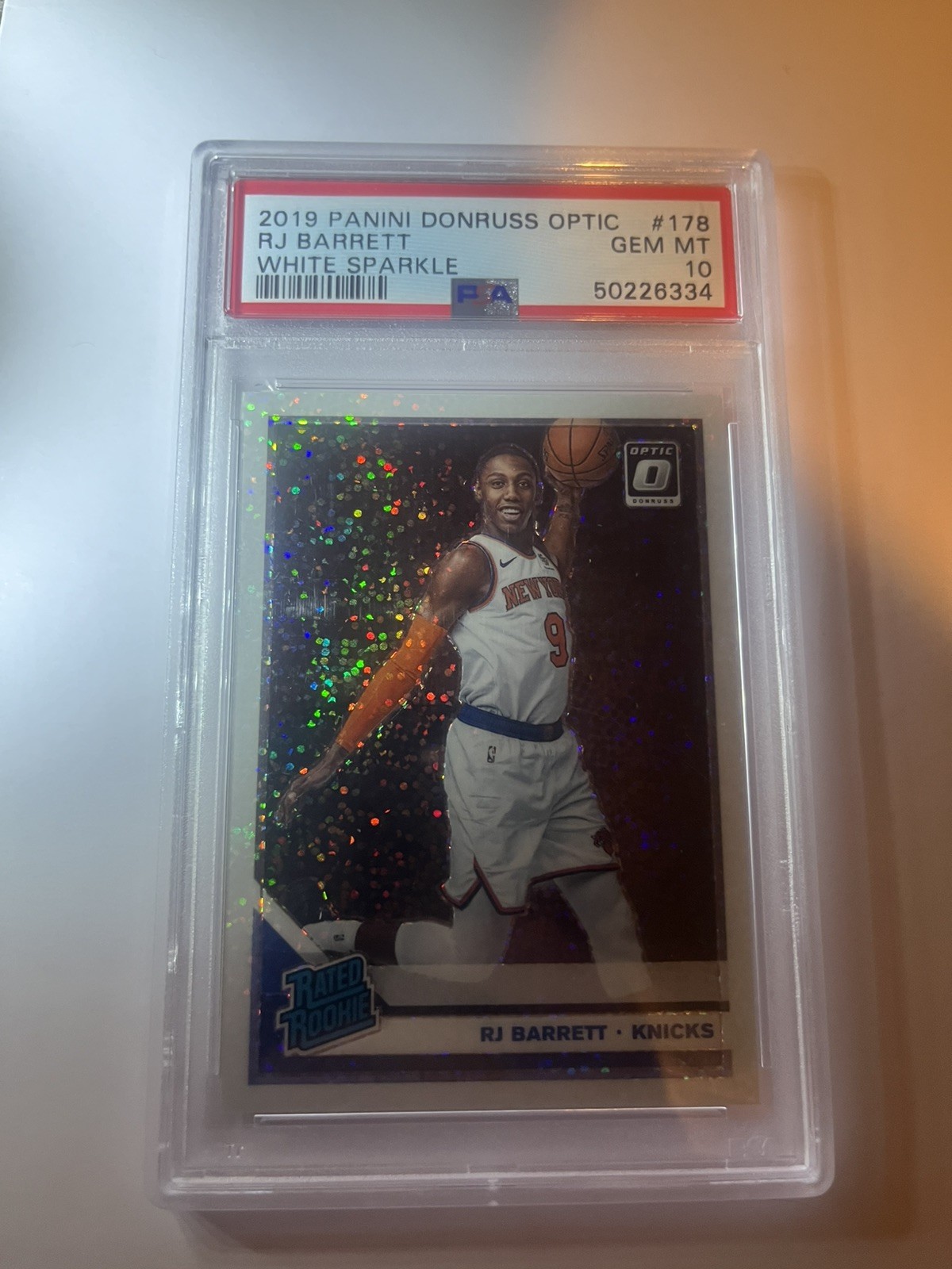 RJ Barrett White Sparkle RC 2019-20 Donruss Optic #178 Knicks PSA 10