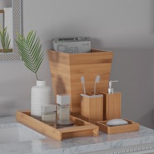 5pc Bathroom Decor Set Bamboo Vanity Accessor...
