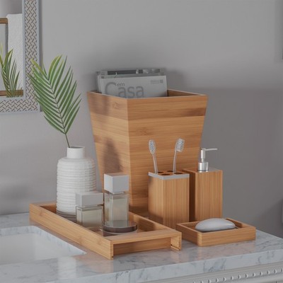 5pc Bathroom Decor Set Bamboo Vanity Accessories 5.4lbs 9.6H x 9.7W Natural