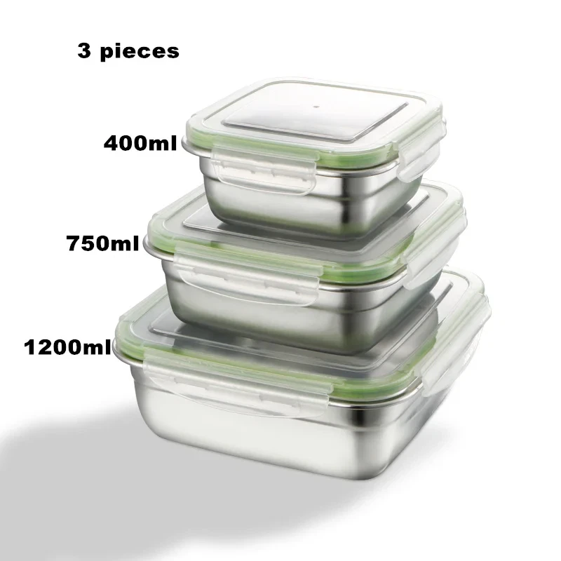 3 Pieces Stainless Steel Food Containers Food Storage Box Square Lunch Box 400