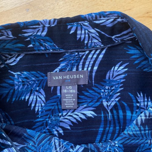 Van Heusen Air Aloha Shirt L 16 - 16.5 Leaf Print Navy Blue S/S Pocket Soft EUC - Picture 3 of 10