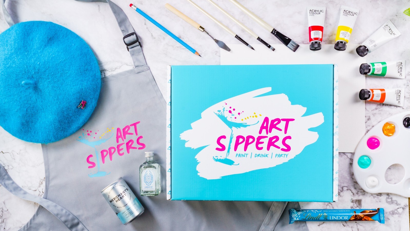 The Ultimate Art Kit | Pintura y sorbo en casa | Caja de regalo creativa + Delantal + Boina