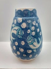 Yasemin hand made blue and white vase Avanos Turkey Guray Comlek 1996 4 inches