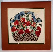 Large Needlepoint HTF Strawberries Basket Handle  Blue Sash Heavy Matted 21"X21