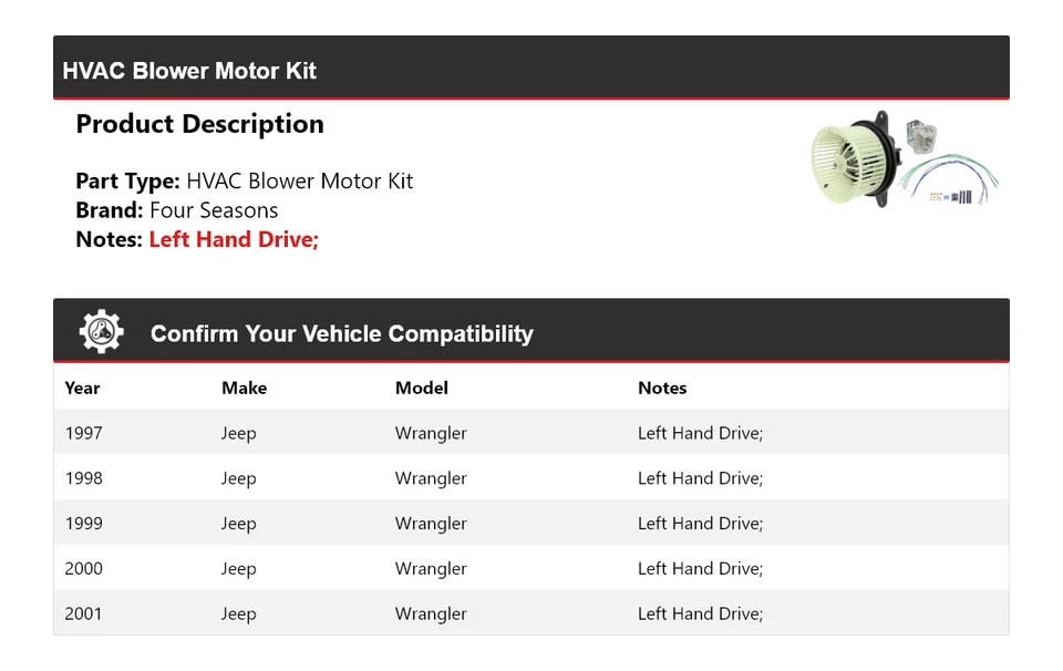 Комплект двигателя вентилятора для Jeep Wrangler 1997-2001 годов выпуска 4 сезона 1998 1999 2000 годов выпуска - Изображение 2 из 4