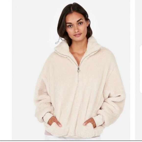Express Oversized Fuzzy Teddy Bear Zip Pullover Beige S | eBay