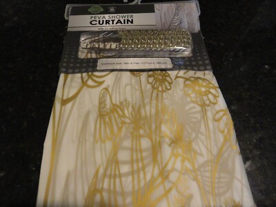 new 13 pc PEVA SHOWER CURTAIN frosty clear shiny gold wildflowers beaded HOOKS