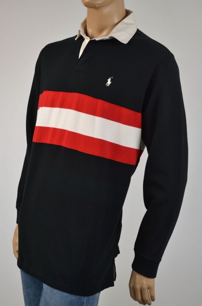 Felpa rugby Ralph Lauren nera a righe rosse bianca pony nuova con etichetta