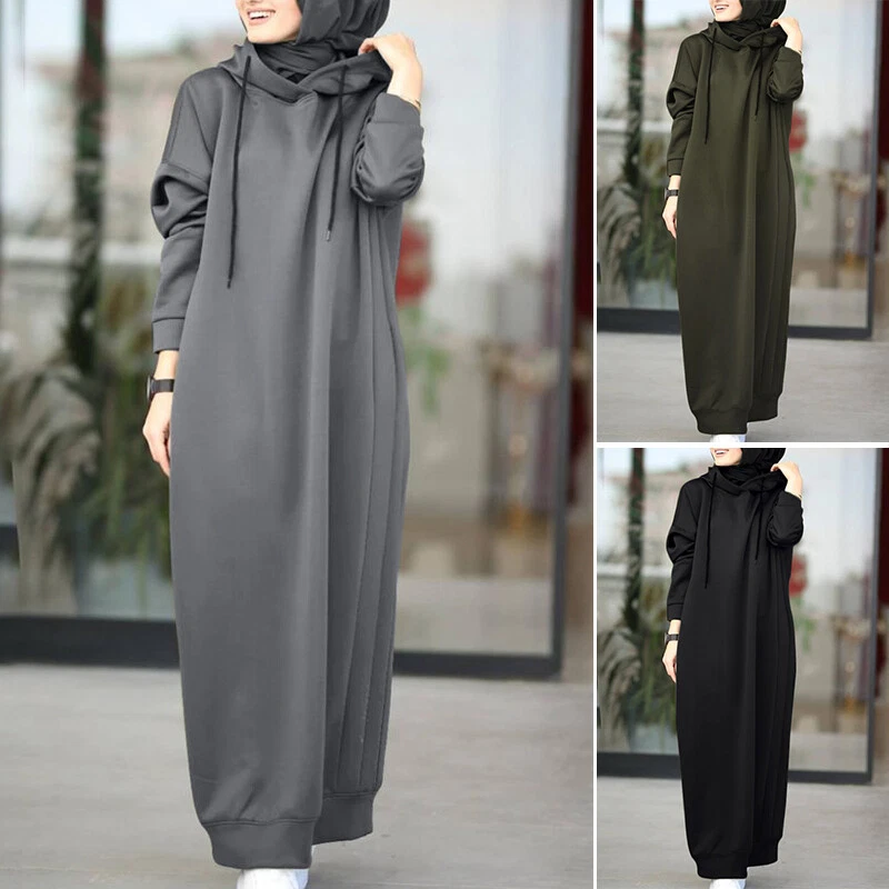 ZANZEA Women Hooded Hoodies Jumper Sweatshirt Dress Casual Abaya Arab Long  Dress | eBay