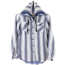 Boston Traders Women's Hooded Flannel Striped Long Sleeve Shirt Jacket, Blue, S