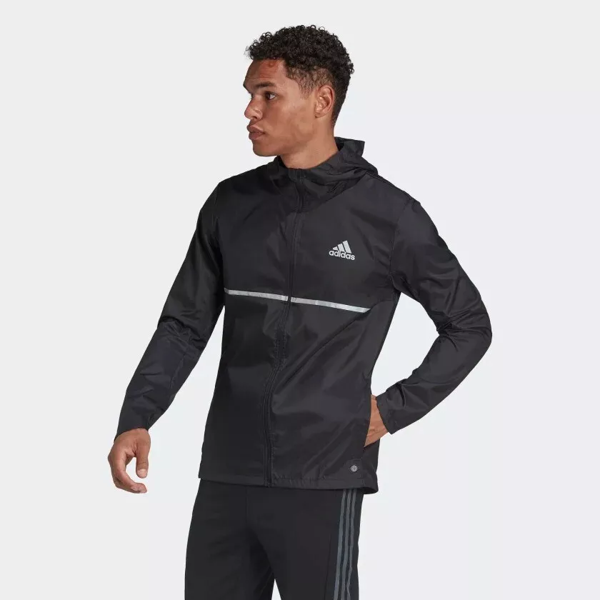 adidas Own The Run Mens Running Jacket Black Orange Blue Lightweight Reflective