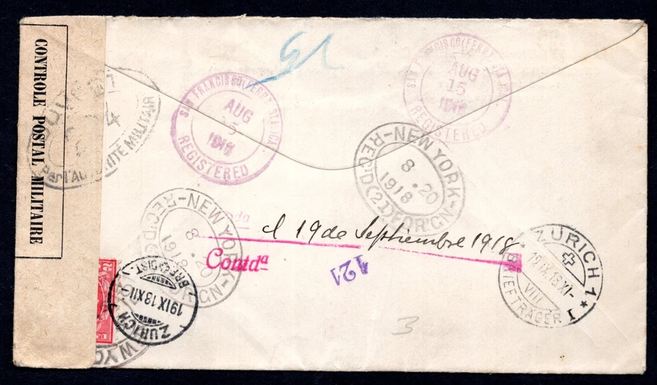 US TO SWITZERLAND 1918 REGISTERED WWI COVER SAN FRANCISCO TO ZURICH - Image 2 of 2