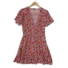 ZARA sz Medium Sexy Floral Mini Dress Flutter Sleeves Seep V Neck Ruffles Orange