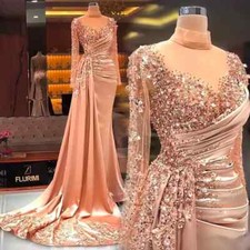 Gorgeous Satin Sequin Applique Long Sleeved Beaded Mermaid Evening Gown