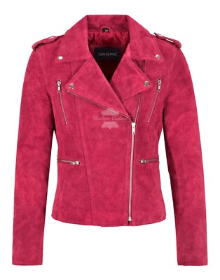 Damen Echtlederjacke Fuchsia rosa Rindswildleder klassische Mode Biker-Stil
