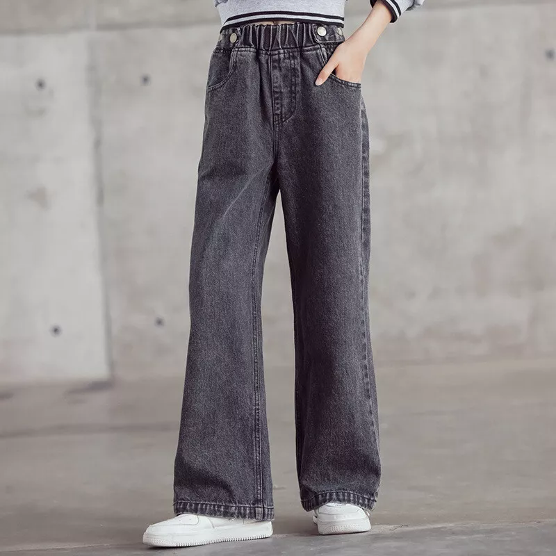 3-13 Years Kids Girls Baggy Wide Leg Jeans Denim Pants Elastic Waist  Trousers