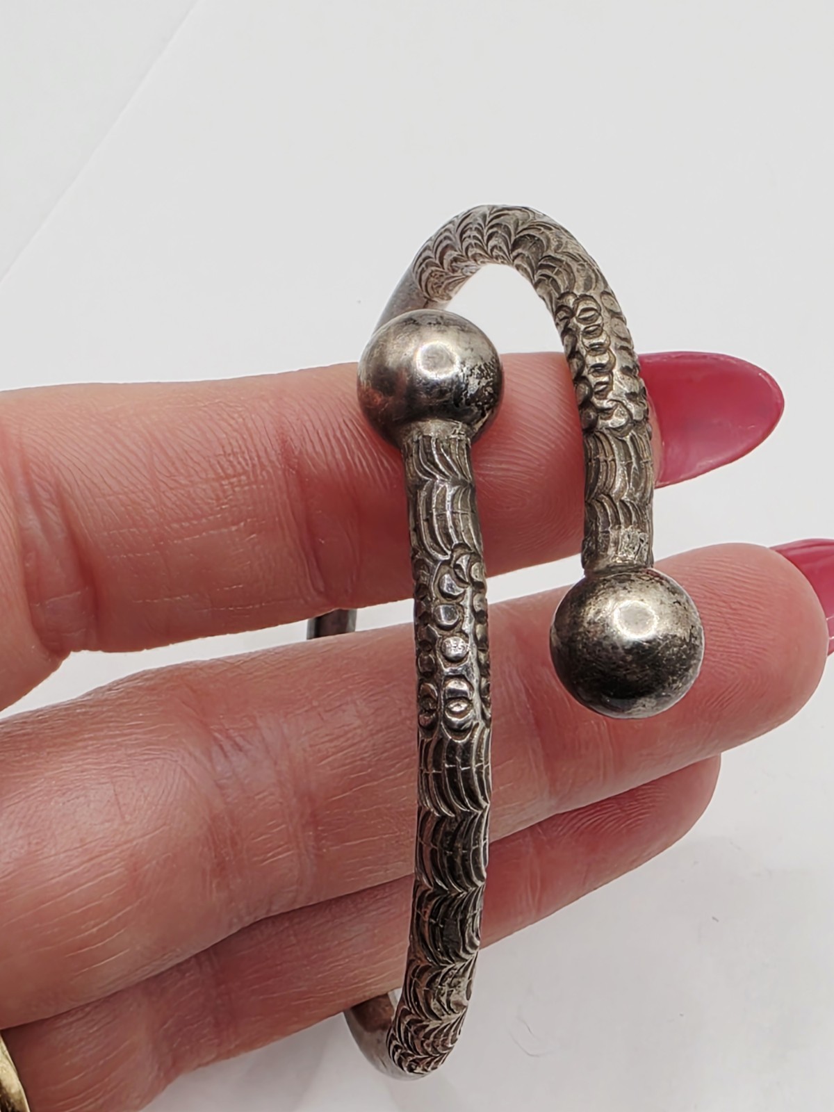 Vintage Solid Sterling Silver Cuff Bangle Hand Et… - image 11