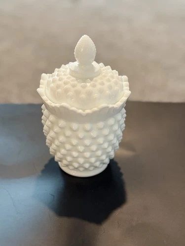 Vintage Fenton White Milk Glass Hobnail Sugar Bowl - Jar - Candy Bowl With Lid