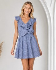 BCBGeneration Ruffle V Neck Mini Dress Size Small Blue Geo Print Holiday Party
