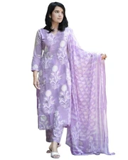 GoSriKi Women's Cotton Blend Printed Straight Kurta with Pant & Dupatta