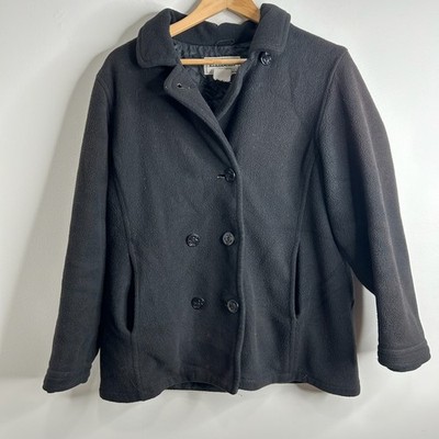 VTG LL Bean Black Fleece Double Breasted Pea Coat Jacket Womens M Warm Winter