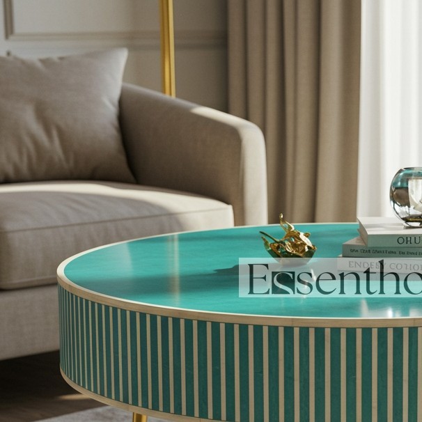 Essenthome Handmade Teal Bone Inlay Round Coffee Table with Striped Pattern