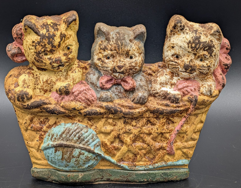 Cast Iron Door Stop of 3 Kittens in Wicker Basket - Shows Wear