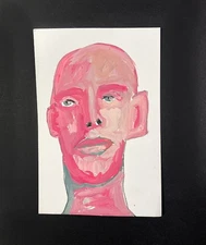 Portrait Painting Naive Primitive 4x6 Pink Bald Man Gouache Wall Art Miz Katie