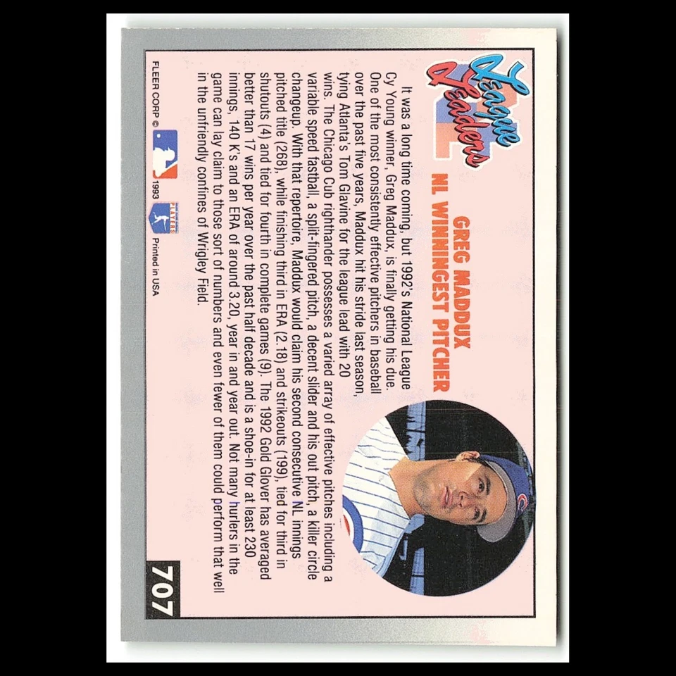 Greg Maddux #707 1993 Fleer Chicago Cubs Baseball Card MLB NM - Image 2 of 3
