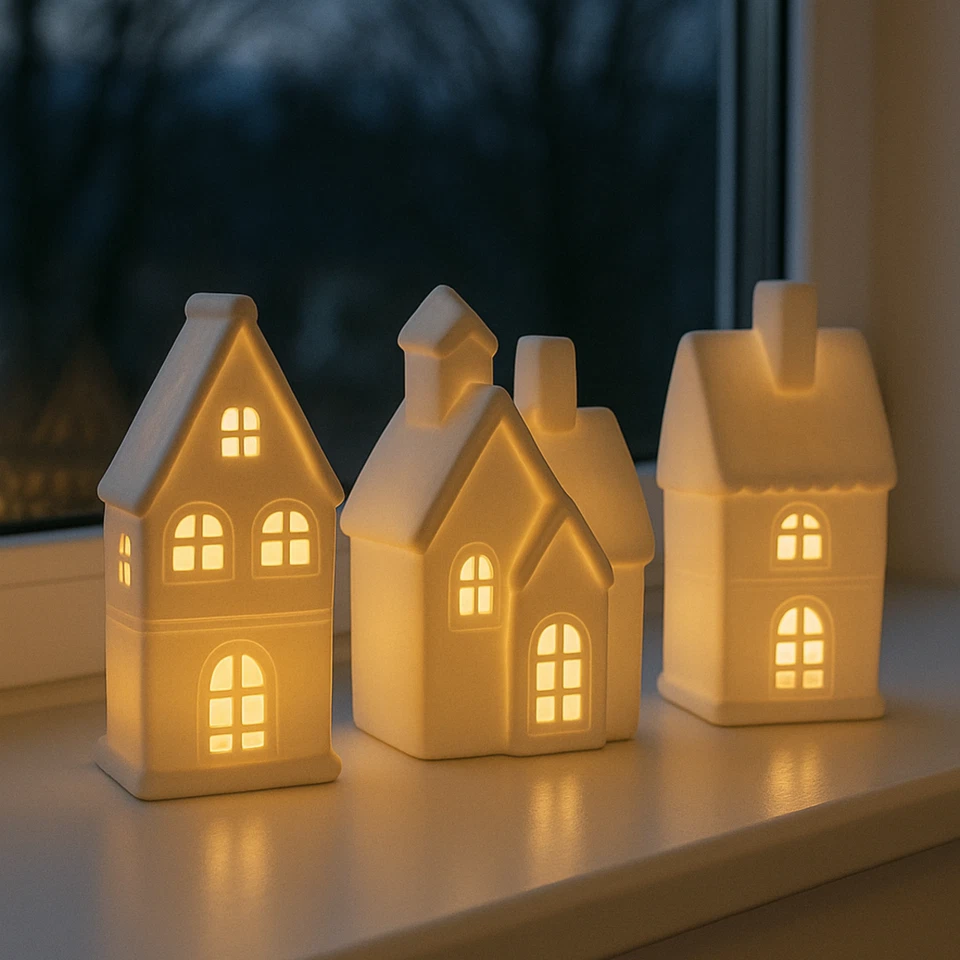 Porzellan Dekohaus Weiß mit LED & Timer – 3 Dachformen - Bild 3 von 3