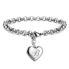 925 Sterling Solid Silver Jewelry A-Z Letter Charm Heart Bracelet For Women