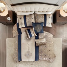 NEW  MODERN ELEGANT CHIC GREY WHITE NAVY BLUE BROWN MEDALLION COMFORTER SET