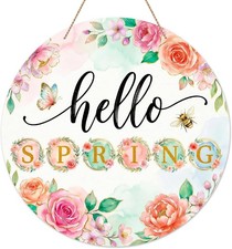 11.5" Round Hello Spring Door Sign - Rustic Floral Decoration for Any Entrance