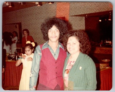 Vtg Color Snapshot Young Man With Afro Red Vest Woman Green Jacket Party 1970s