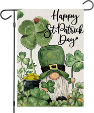 St. Patrick's Day Garden Flags - Irish Gnome with Shamrocks, 12x18 Double-Sided